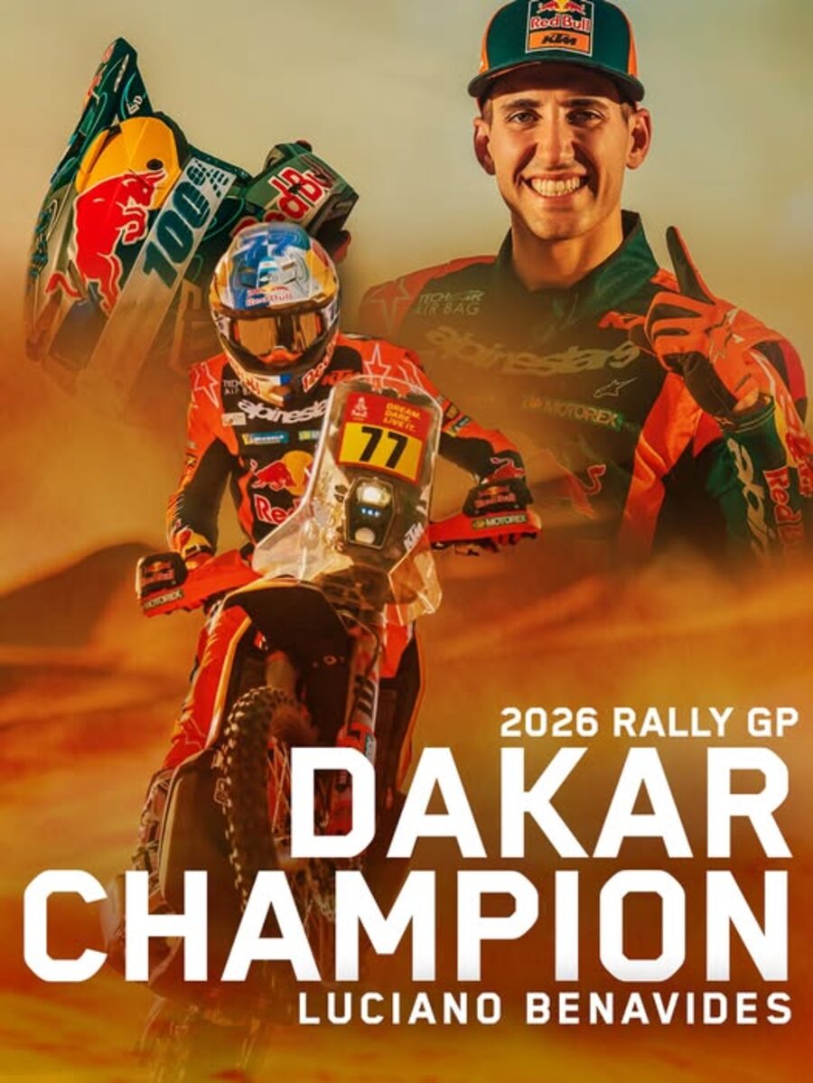 Official Red Bull KTM graphic naming Luciano Benavides the 2026 Dakar Rally motorcycle champion
