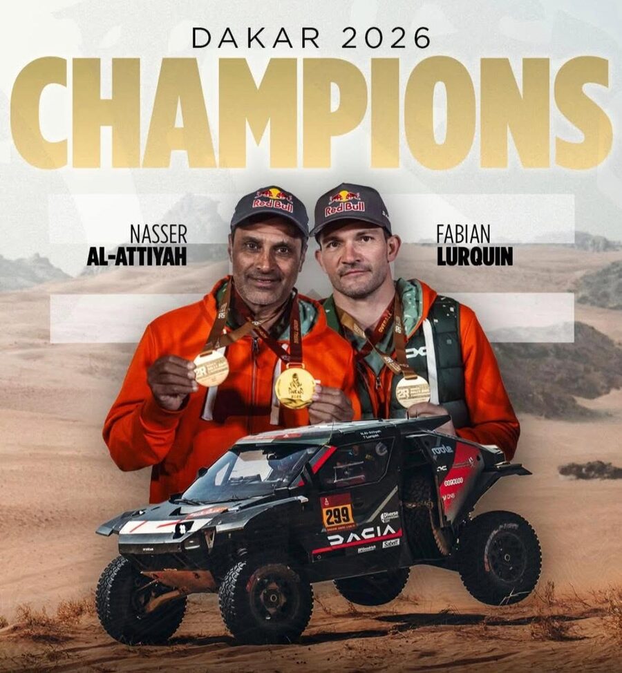 Official graphic of Nasser Al-Attiyah and Fabian Lurquin, 2026 Dakar Rally car champions, with their Dacia Sandriders car