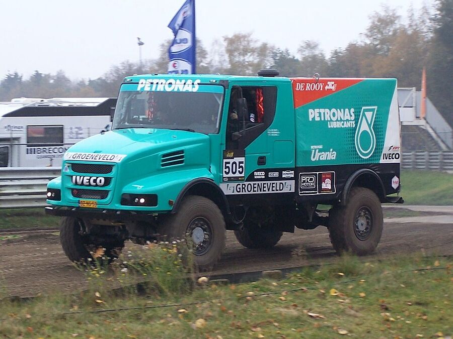 An Iveco rally truck belonging to Team De Rooy, the team that won the 2026 Dakar Rally truck category