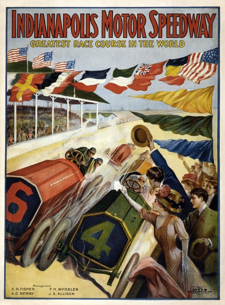 A 1909 lithograph poster advertising the Indianapolis Motor Speedway