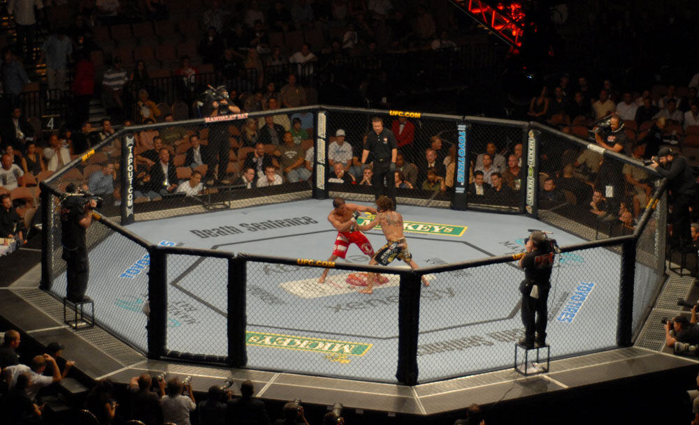 Two fighters in the UFC octagon, surrounded by camera operators and a full arena