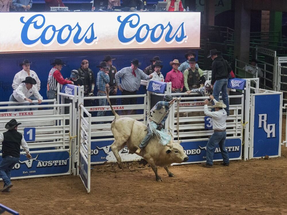 A rider coming out of the chute on a bull, with rodeo staff on the gates
