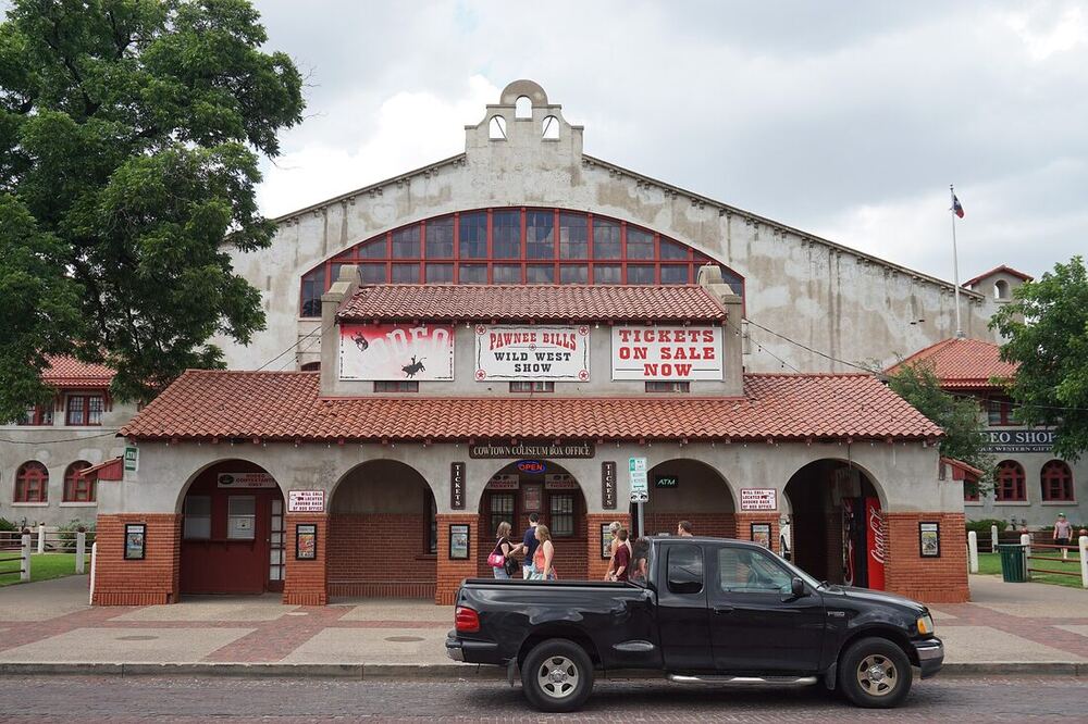 The Mission Revival facade of Cowtown Coliseum with its rodeo marquees