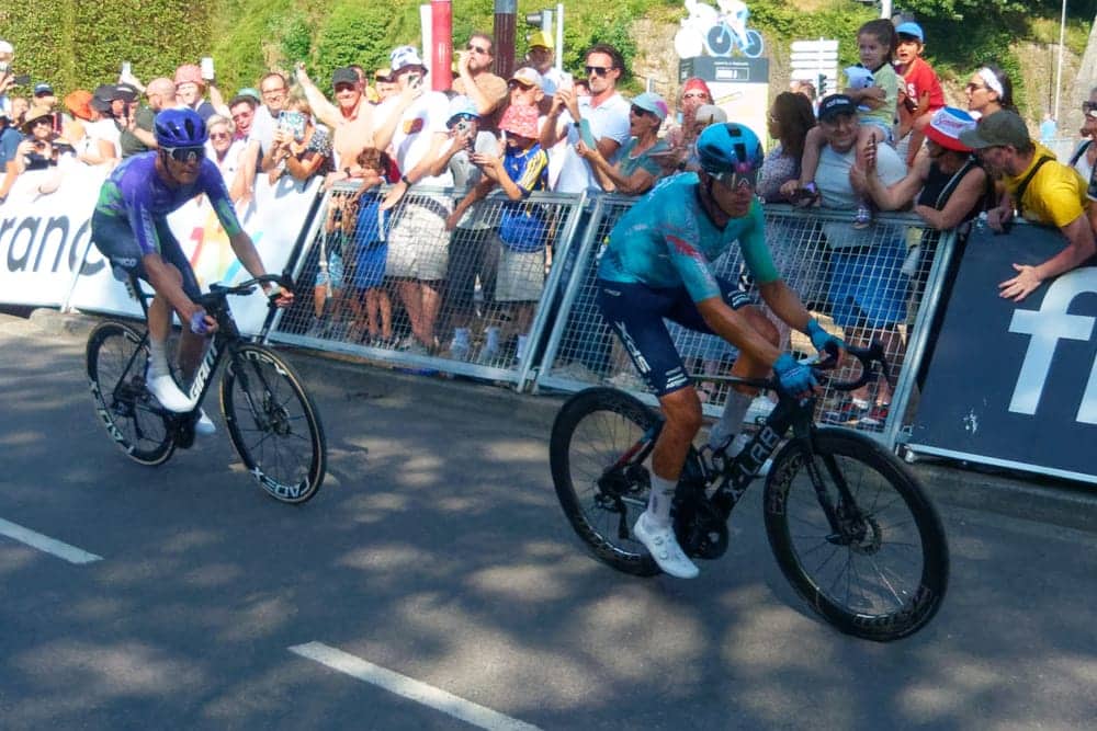 Two riders in a breakaway near Belfort during Stage 13 of the 2026 Tour de France